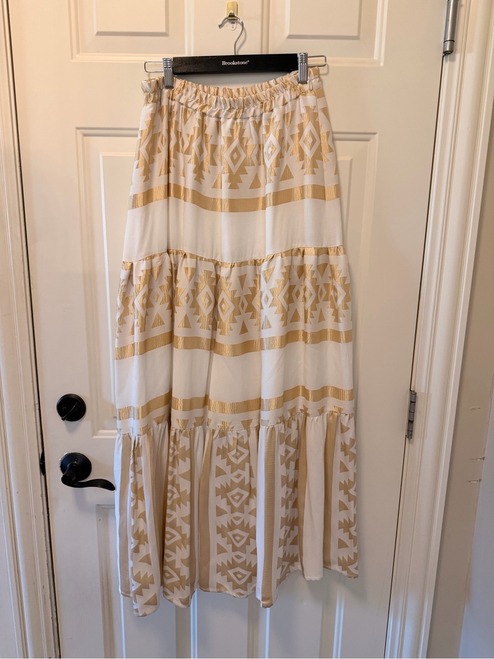 Tiered Maxi Skirt in Beige and White — Elastic Waist, Geometric Print